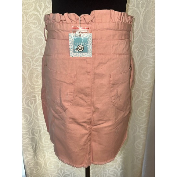 Hayden Los Angeles Pink Paperbag Waist Distressed Denim Mini Skirt L NEW - Picture 4 of 5